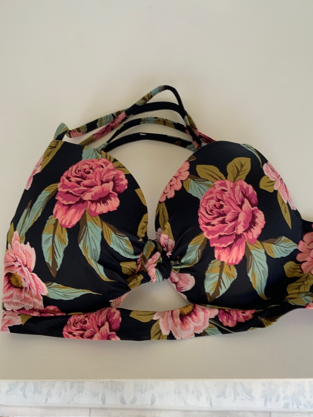 Floral Black Pink Strappy Bikini Top